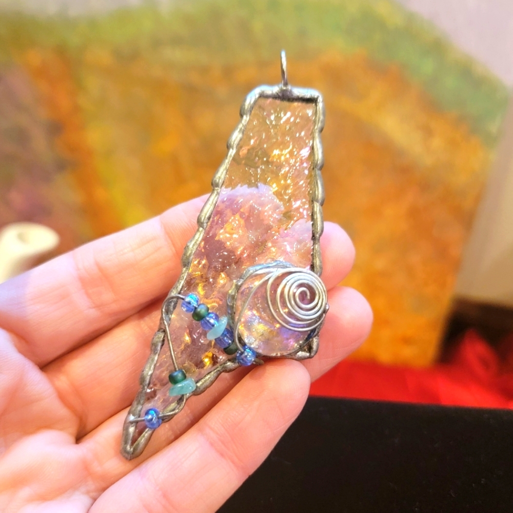 Stained glass like resin pendant with wire and beads